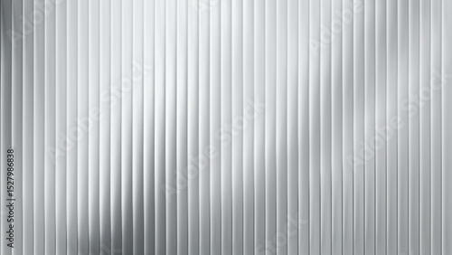 Patterned ribbed metal background with wall panel and white glass roof. Iron and plastic texture with zinc steel sheet and corrugated coating. 3D silver facade with frosted reed metal glowing effect.