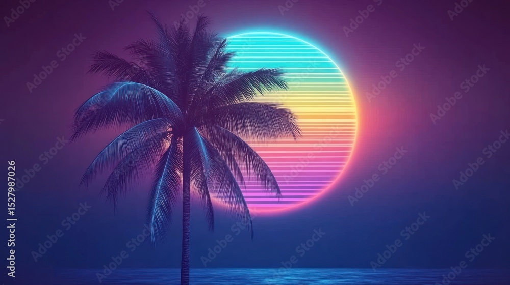 Fototapeta premium Retro Palm Tree Neon Sunset Beach Scene