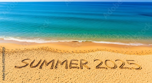 inscription on the beach hello summer 2025