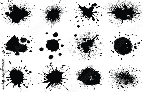Ink Splatter Vector Set – Fifteen Unique Black Ink Blots with Distinct Shapes & Textures for Artistic Design & Grunge Effects