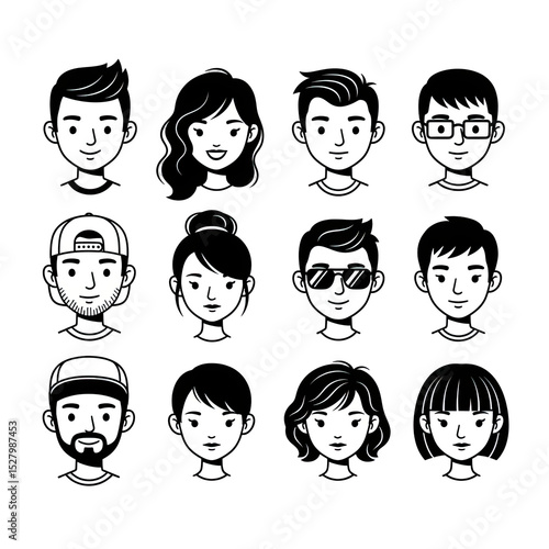 Diverse Collection of Cartoon Face Icons on Black Background: Illustration of People with Varied Hairstyles, Accessories, and Facial Expressions in Minimalist Style for Web Design and Graphics.