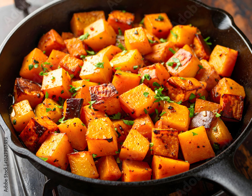 Traditional cuisine shines as roasted vegetables sizzle in cast iron pan on stove with vibrant flavor cooking food stew