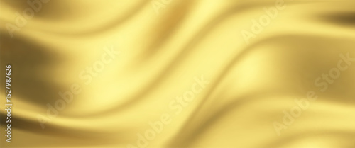 Silk gold background with liquid satin wave on golden fabric cloth for luxury elegance. Smooth abstract flag design with vector gradient and 3d ribbon color.