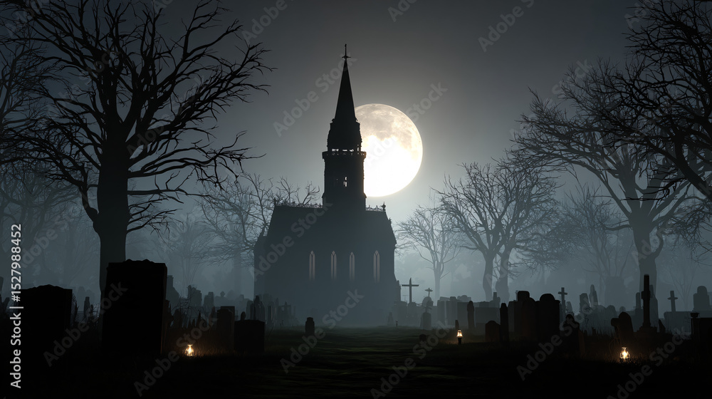 Obraz premium Gothic Church Silhouette in Foggy Cemetery Under Full Moon