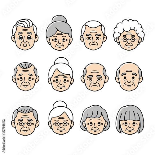 Diverse Collection of Elderly Faces: A Stylized Illustration Showcasing Seniors with Varying Hairstyles, Expressions, and Accessories on a Clean Black Background