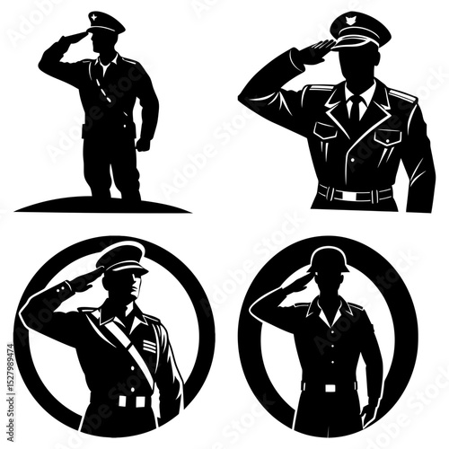 Four black and white illustrations of soldiers in uniform saluting with different styles and compositions