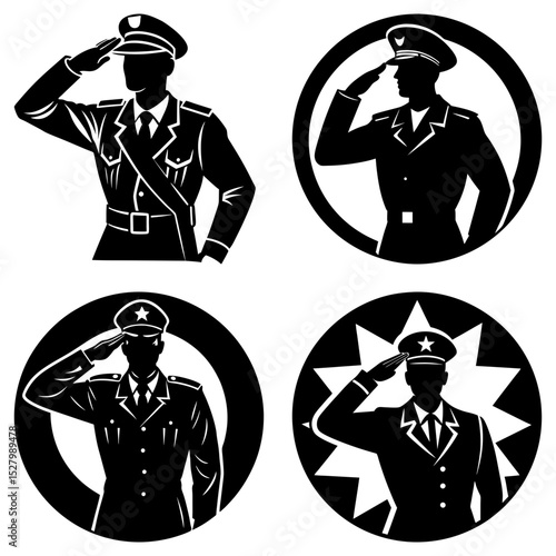 Four black and white illustrations of military officers saluting in various circular designs and poses