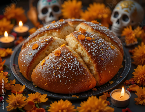 Traditional pan de muerto cake decorated with marigolds and skulls for day of the dead