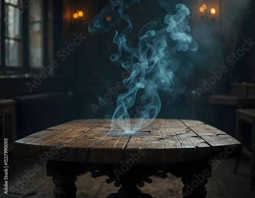 Wispy smoke rising from a rustic wooden table in dimly lit room