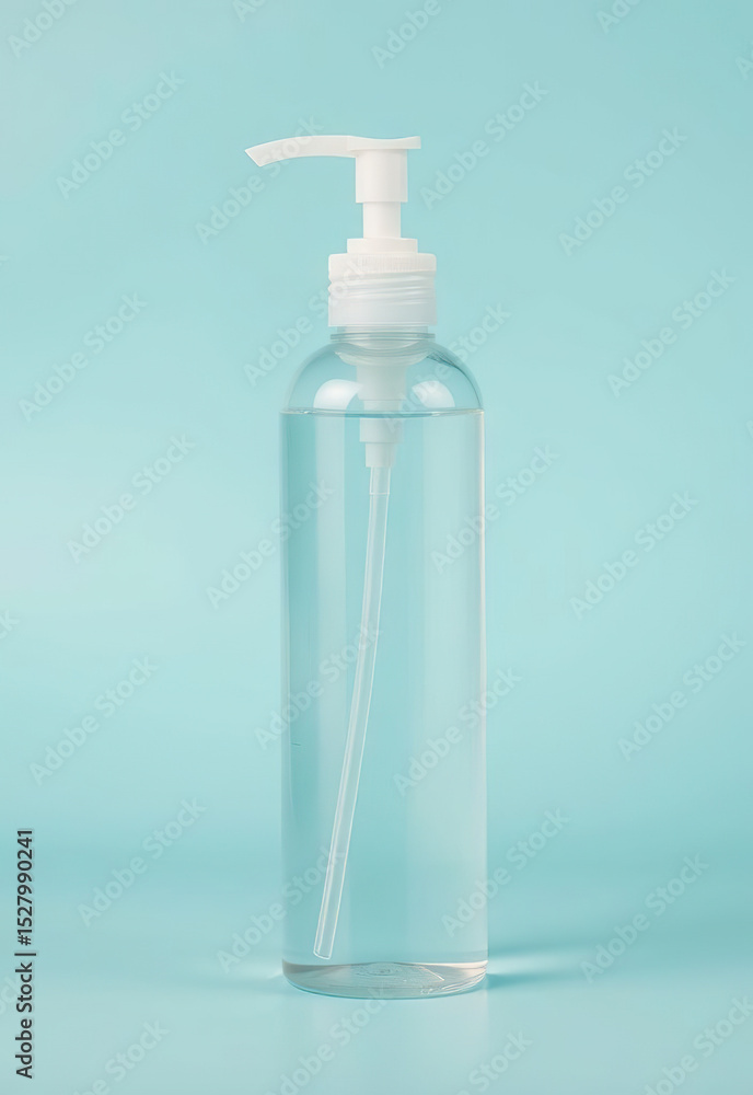 Clear plastic pump bottle on light blue background, ideal for liquid soap, lotion, or sanitizer storage