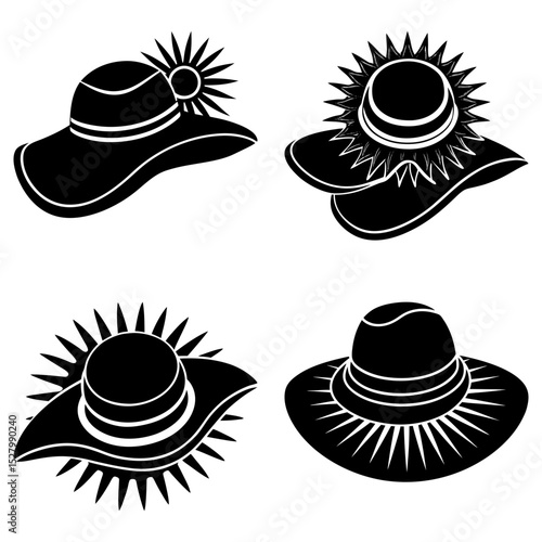 Four black and white silhouette images of sun hats with sunburst designs on a white background