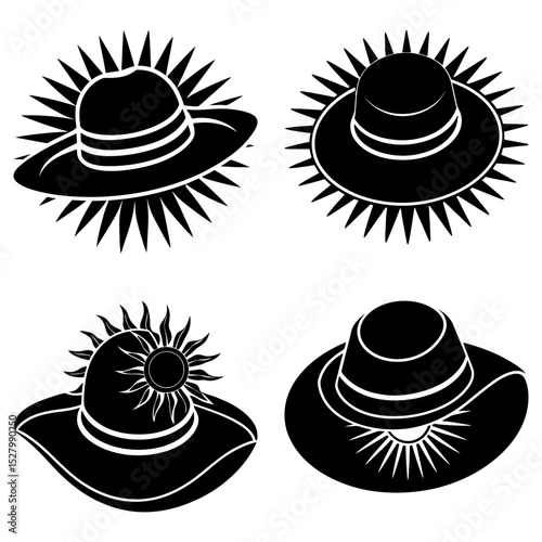 Four black and white silhouette images of sun hats with sunburst patterns behind them in a square layout