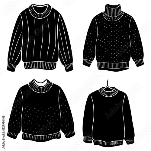 Illustration of four black sweaters with different patterns and necklines on a white background