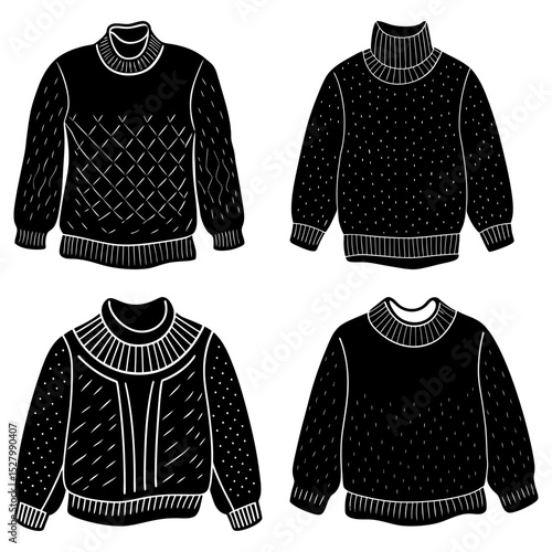 Collection of four black and white sweaters with different designs and necklines in a simple style