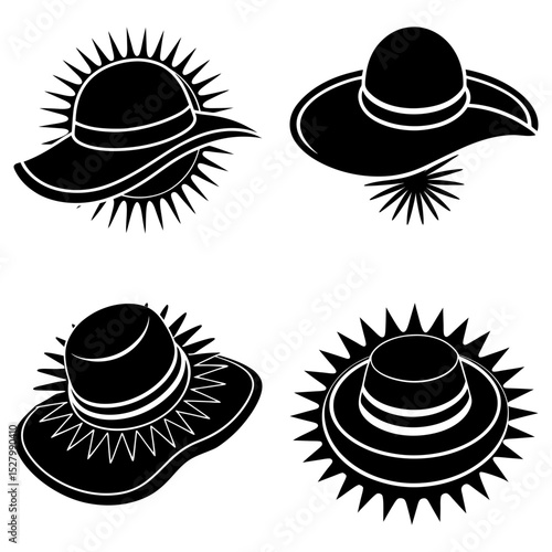 Four black and white silhouette illustrations of women's sun hats with decorative sunbursts design
