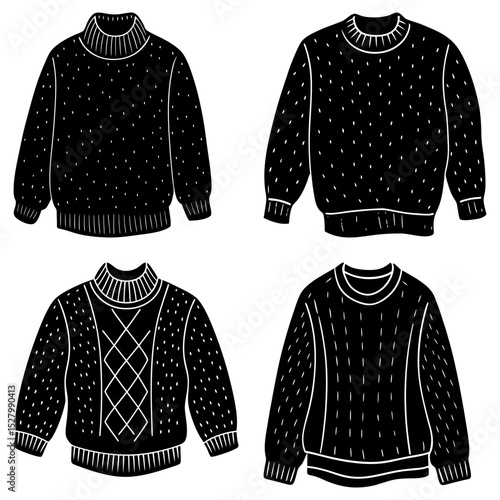 Four black and white sweaters with different necklines and patterns displayed in a square grid format