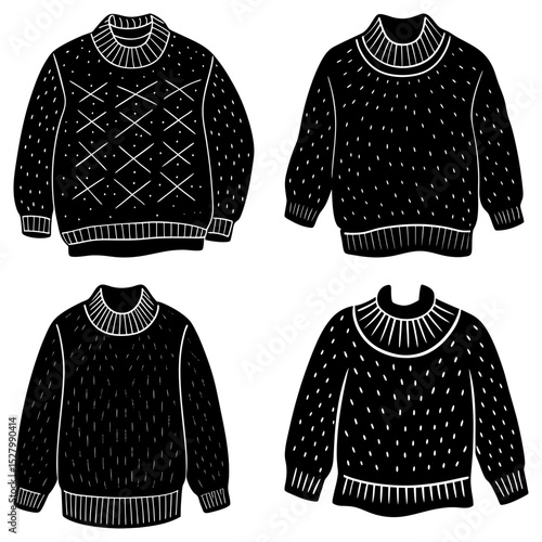 Illustration of four black sweaters with different patterns and necklines on a white background view