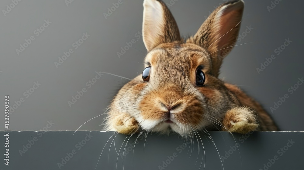 Obraz premium Brown Rabbit Peering Over Gray Surface