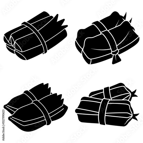 Four bundles of tied ingredients or food items in a black and white vector illustration design style