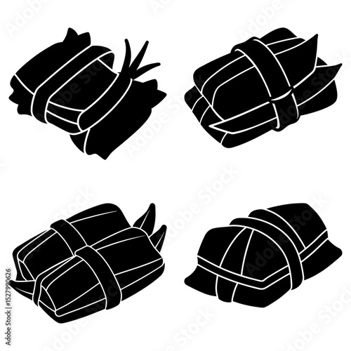Four stylized black and white depictions of temaki sushi rolls with nori seaweed wrappers shown