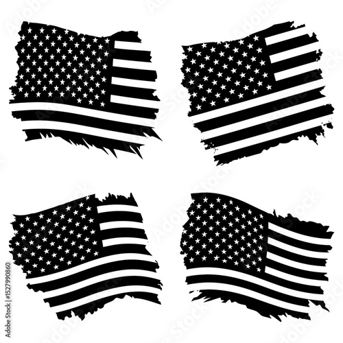 Four distressed american flags with stars and stripes in black and white illustration design