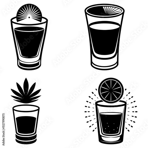 Four shot glasses with different garnishes including lime and a leaf in black and white style