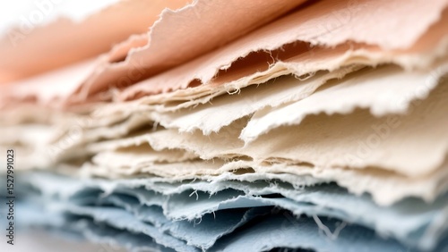 Stack of pastel handmade paper with deckled edges, isolated on white background