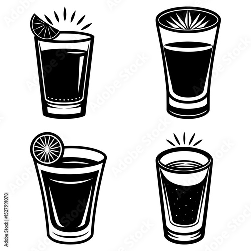 Illustration showing four shot glasses filled with liquid and garnished with lime slices and bubbles