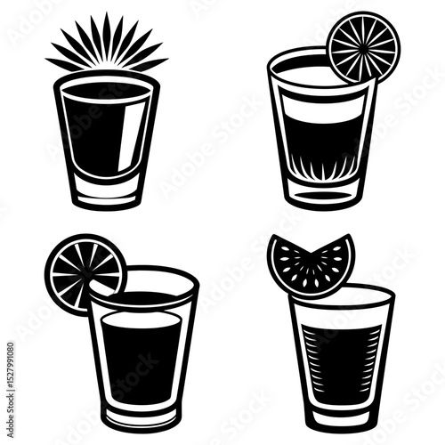 Four black and white shot glasses with citrus garnish in an illustrative vector style design element