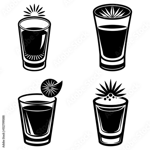 Four stylized black and white shot glasses with different toppings and decorations displayed