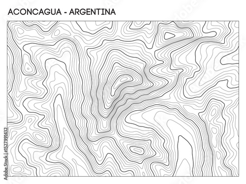 Topographic contour map of Aconcagua mountain in Argentina showing summit elevation and steep Andean slopes. Contour lines vector terrain background.