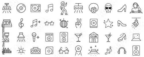 Collection of Disco Theme Vector Icons Featuring Music Notes, Disco Balls, and Dancing Figures