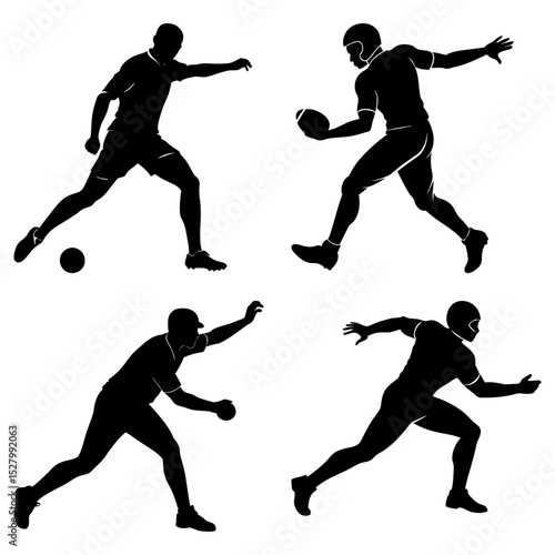 Four silhouettes showing different sports activities including football soccer and track and field event
