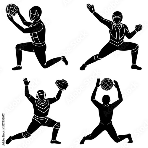 Silhouettes of players in action poses with ball and glove on a white background showing sports figures