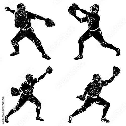 Silhouetted baseball players in various catching and throwing poses on a white background design showing action