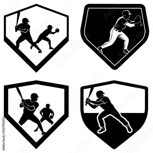 Four baseball diamond icons showcasing players batting catching and sliding in black and white silhouettes