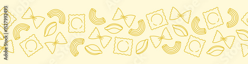 Seamless border with yellow outline pasta on beige background. Doodle drawing for banner, flyer, card, menu design.