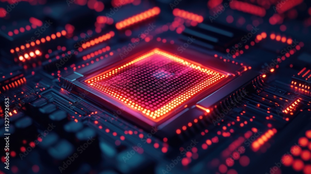 Fototapeta premium Close-up view of a glowing computer circuit board.