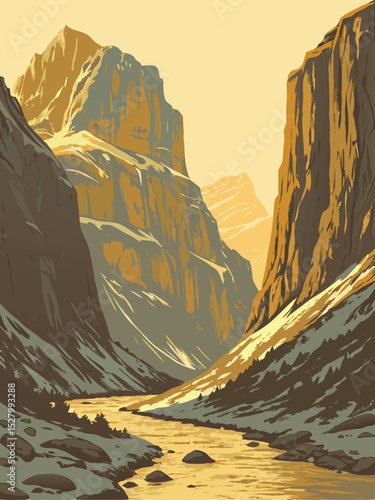 mountain landscape with river and sandstone cliffs. vector illustration.