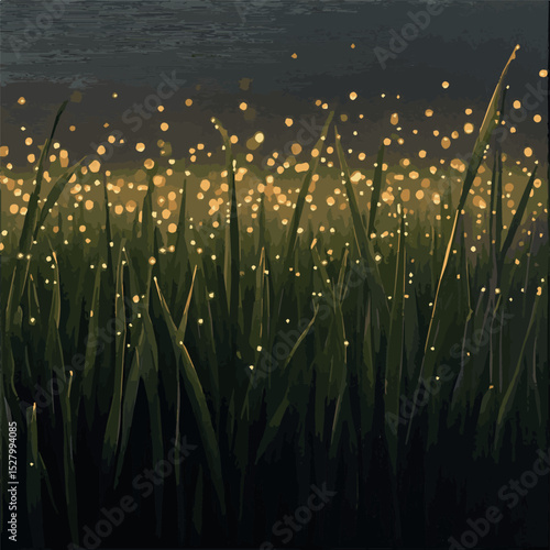 thick and tall green grass with golden dew around it, color graphics, vector
