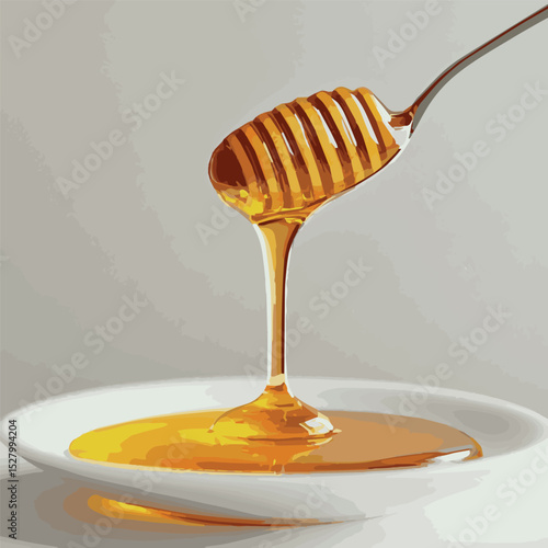 plate with honey and a special spoon from which honey flows, color graphics, vector
