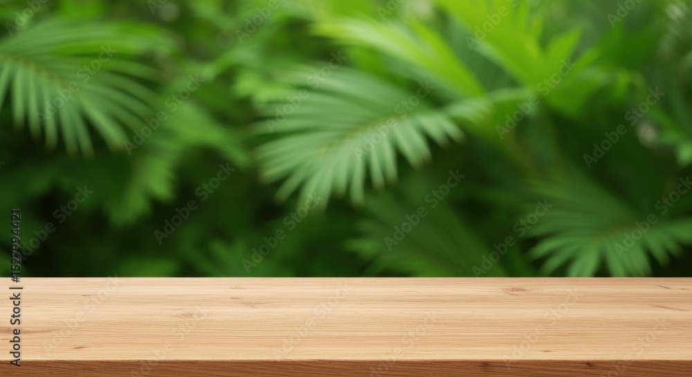 Wooden surface, blurred green plants, creating a backdrop for product presentation Wooden surface, blurred green plants, creating a backdrop for product presentation