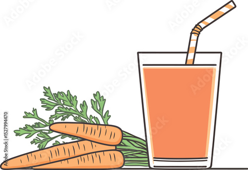 Fresh Carrot Juice in Glass with Straw and Three Carrots with Green Tops