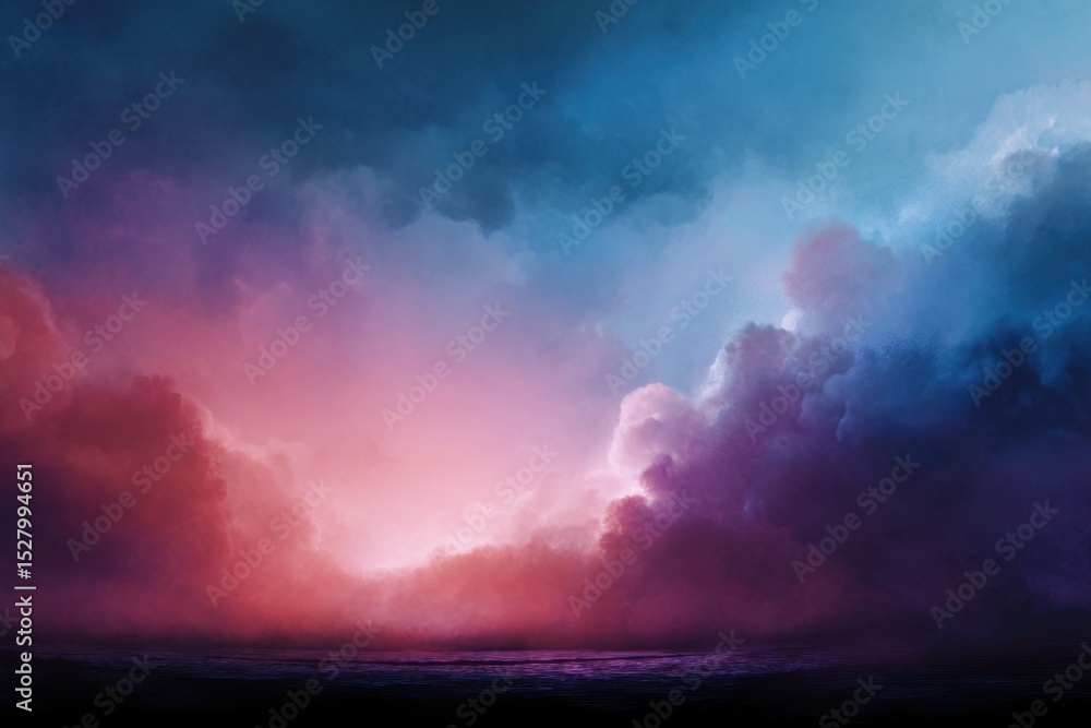 Obraz premium Dramatic skyscape with vibrant clouds transitioning from deep blue to pink, violet, and dark black base reflecting ocean waters below.