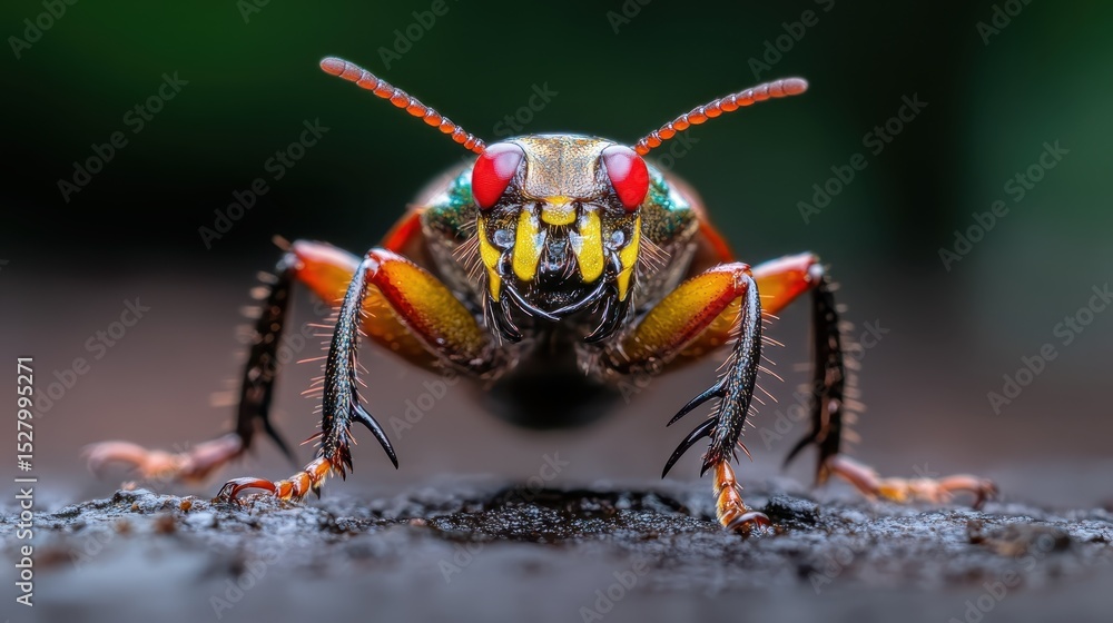Fototapeta premium An intense macro shot of a vividly colored insect showcasing its striking features, colors, and textures, capturing the beauty and intricacy of nature in amazing detail.