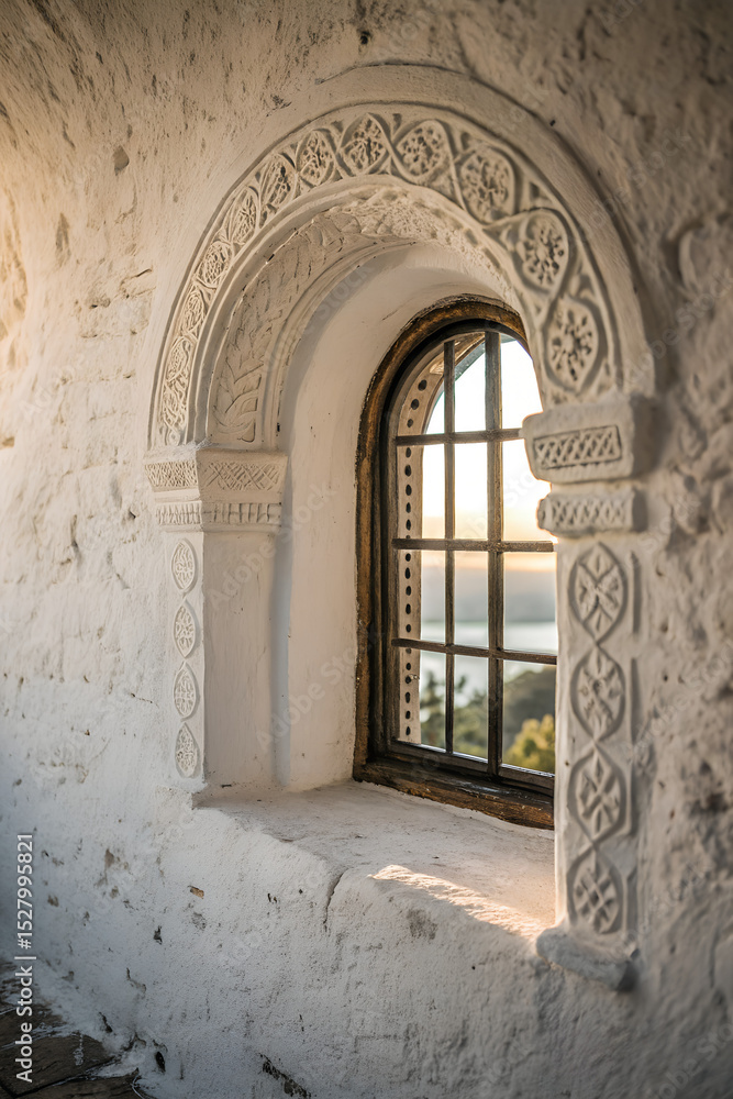 Obraz premium Ornate Window in a Whitewashed Stone Building