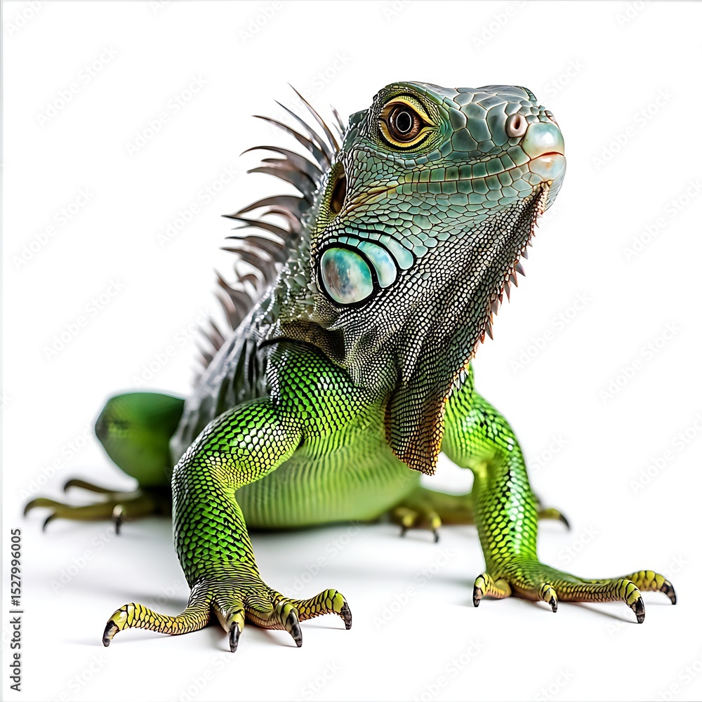 Obraz premium Majestic green iguana with sharp features and vibrant colors on white background