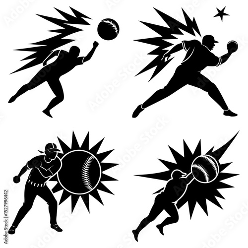 Silhouetted baseball players in action poses with dynamic effects and a star accent for graphic design use