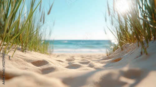 A picturesque view of a sandy beach pathway bordered by lush green grass and illuminated by bright sunlight, inviting viewers to escape to a tranquil seaside getaway.