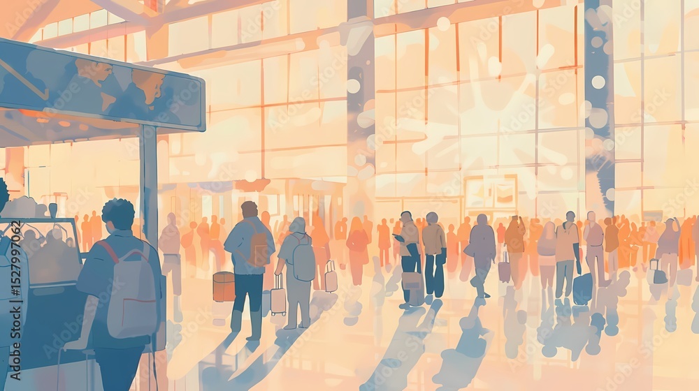 Obraz premium Illustration of a bustling airport terminal, depicting passengers waiting, walking, and interacting. Conveys themes of travel, journey, and global connectivity.